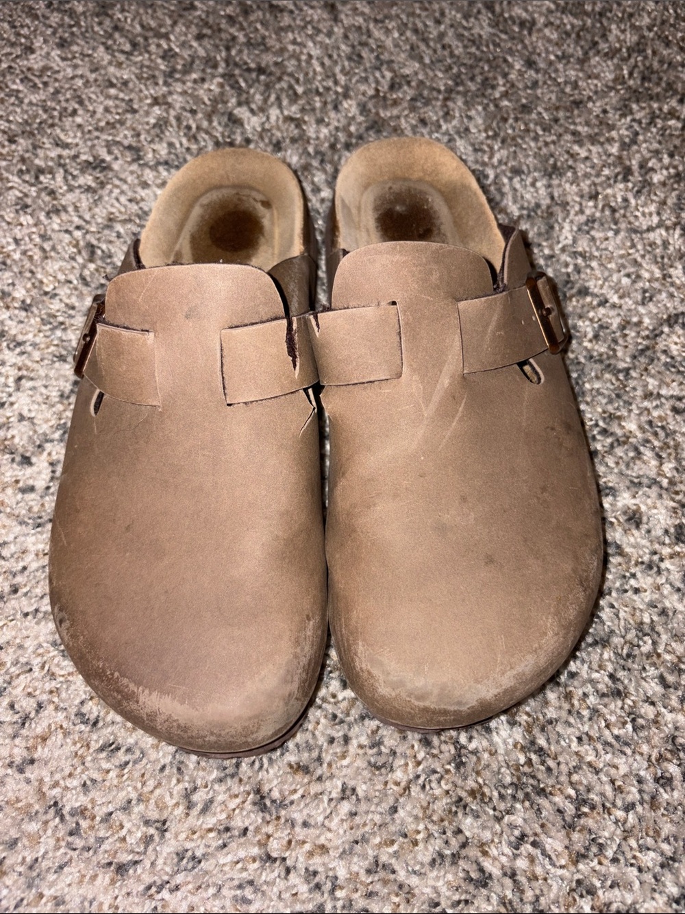 Brown Suede Slip-On Clogs with Buckle